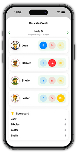 BangoGolf Bingo Bango Bongo scoring on an iPhone