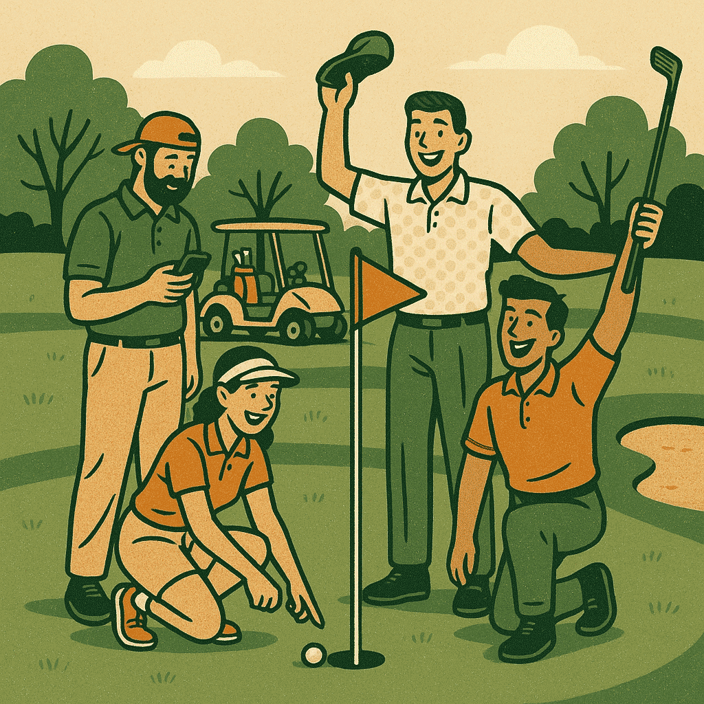 A group of four friends laughing together on a golf course.
