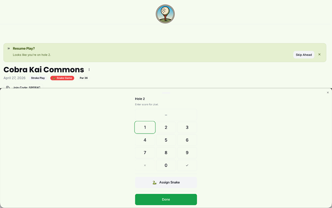 BangoGolf scorecard on a laptop with Snake enabled